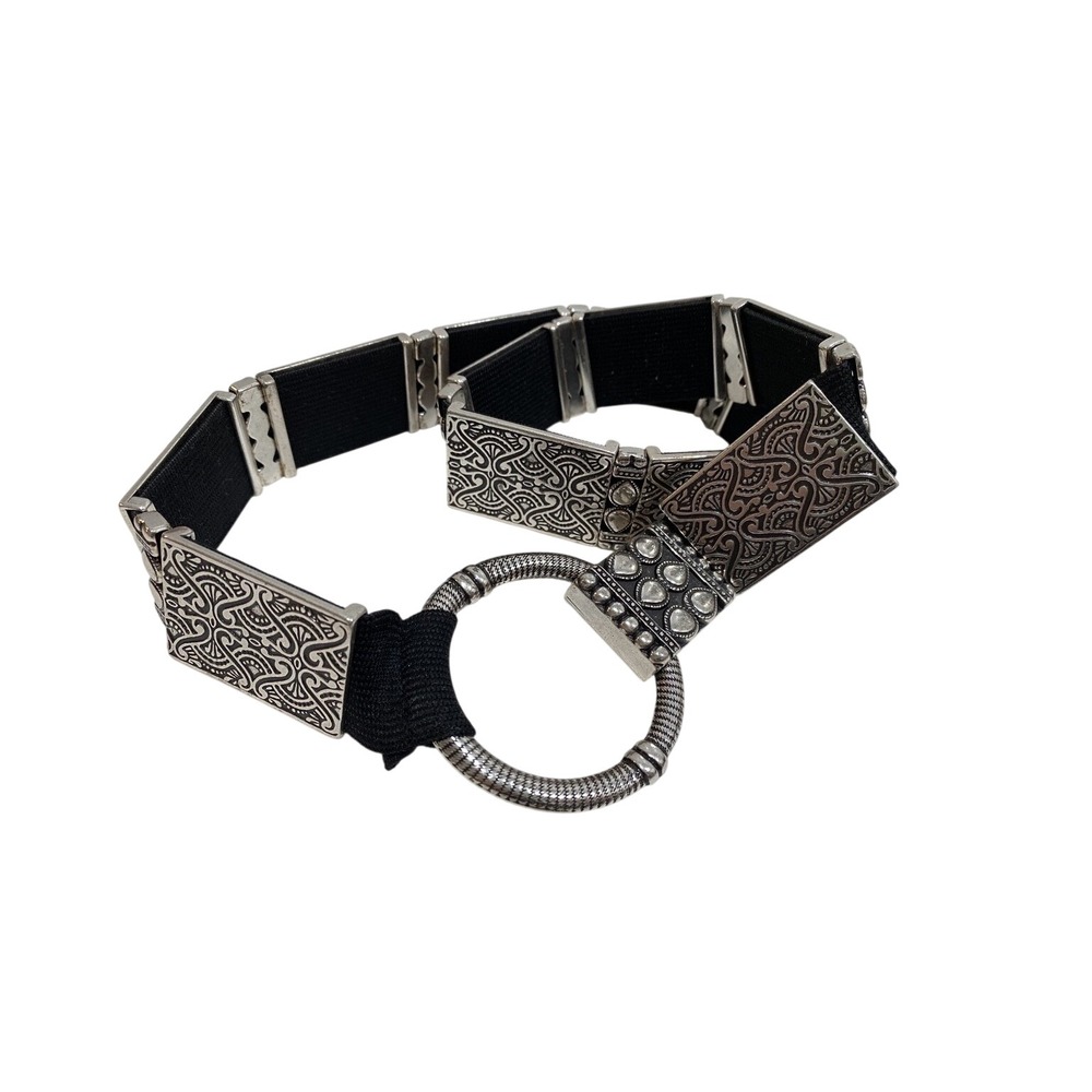 Chicos Black Elastic Waist Belt Silver Ornate Filigree Metal Scrollwork 36 Inch